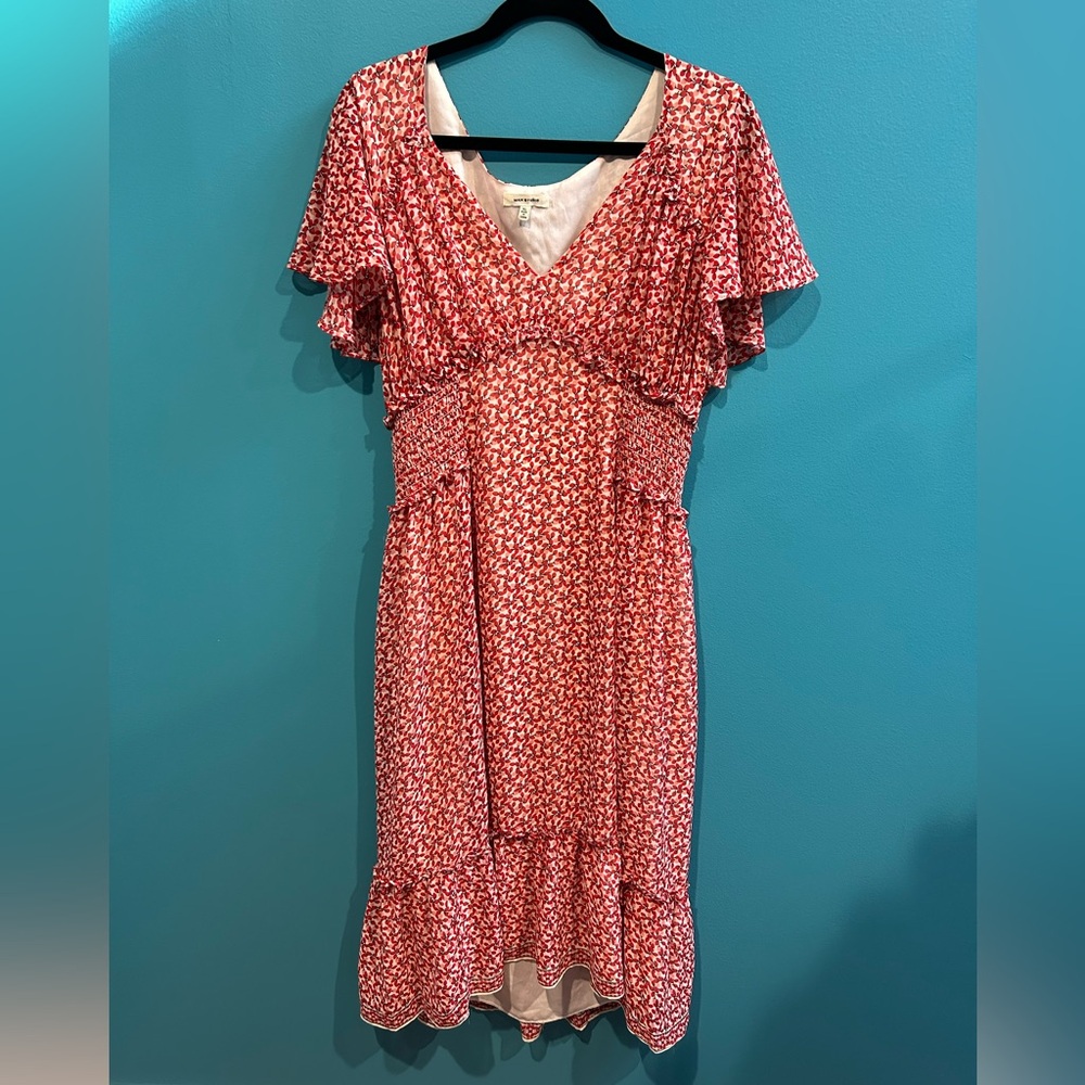 Cottagecore Max Studio Strawberry Print Midi Dress Flutter Sleeves Boho Spring